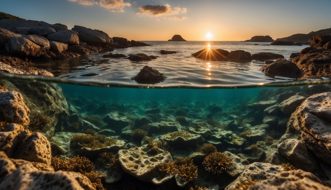 The sun sets over the rocky shoreline, revealing ancient stone walls submerged in the shallow waters, creating a series of terraces.

Seaweed and small fish swim among the carefully placed rocks, hinting at the rich ecosystem supported by these traditional Indigenous clam