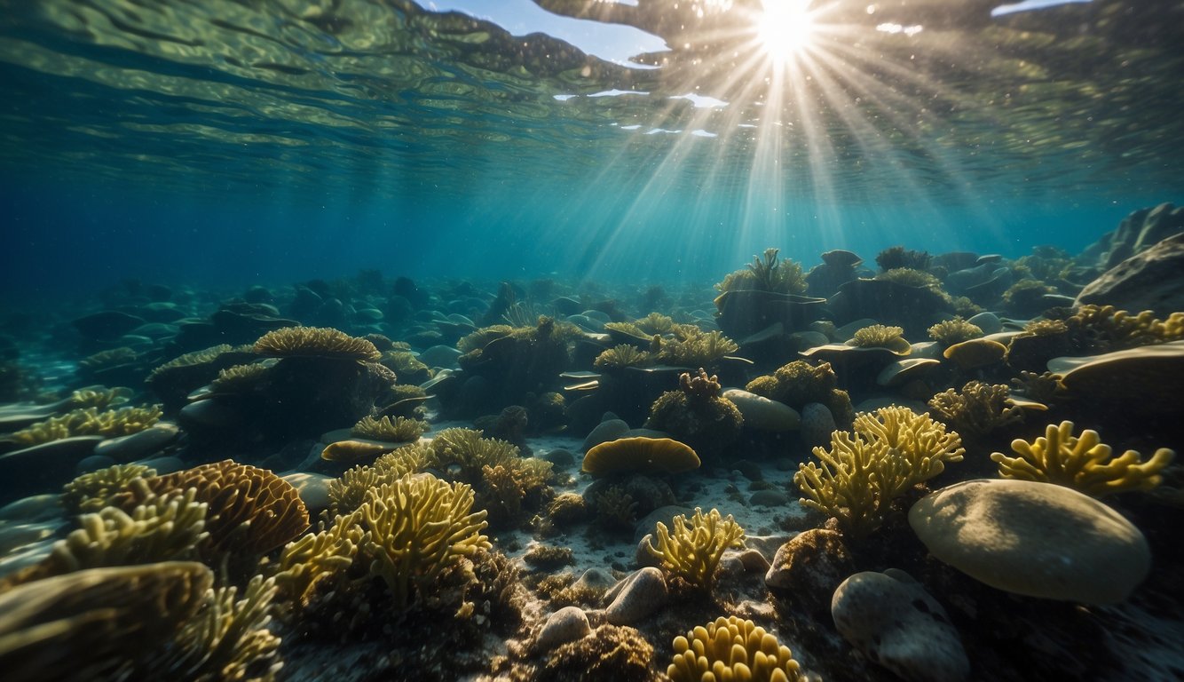Sunlight filters through the clear ocean water, illuminating a network of carefully arranged rocks and shells on the seafloor.

Lush seaweed and vibrant marine life thrive within the ancient indigenous clam gardens, showcasing the delicate balance of the underwater ecosystem