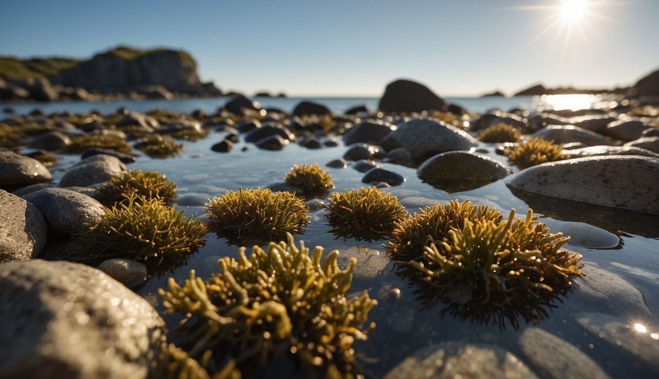 The sun shines down on a rocky shoreline, where ancient stone walls create a series of tidal pools.

Seaweed and shellfish thrive in the calm waters, evidence of the traditional Indigenous practice of clam gardening
