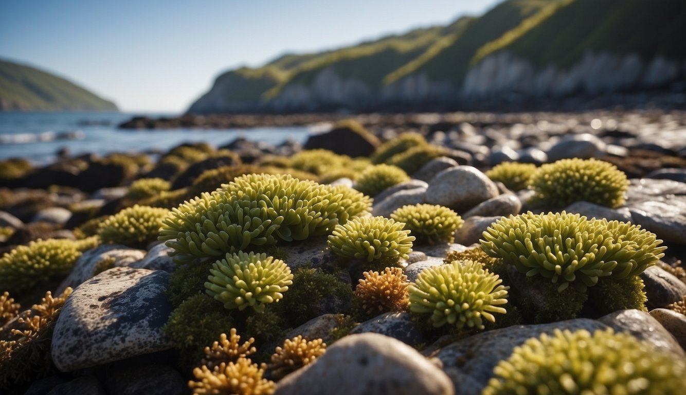 A rocky shore with intertidal zones, where large, flat rocks form terraces.

Seaweed and small marine life thrive in the shallow pools