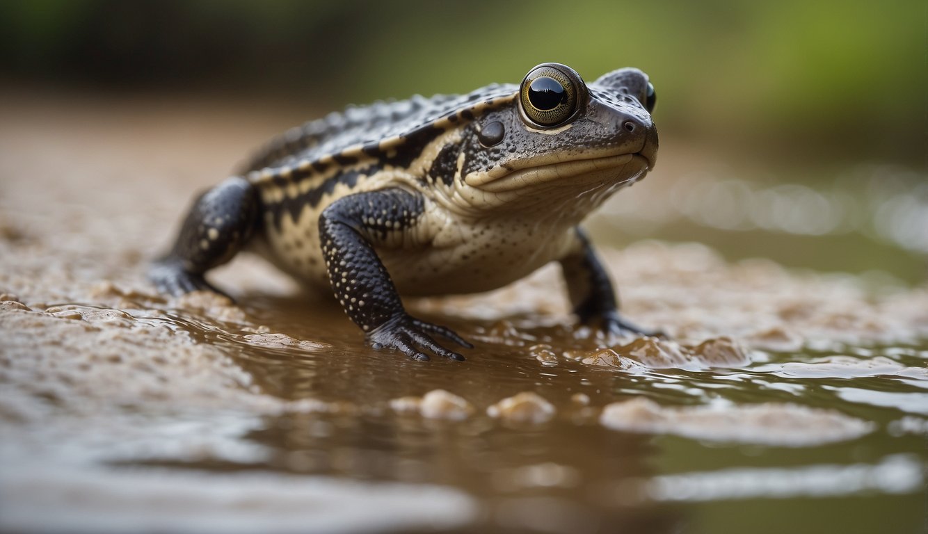Mudskippers leap from the muddy water onto the shore, using their pectoral fins to propel themselves forward as they walk on land