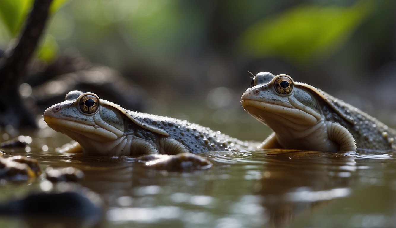 Mudskippers navigate through muddy mangrove roots, using their pectoral fins to propel themselves forward on land