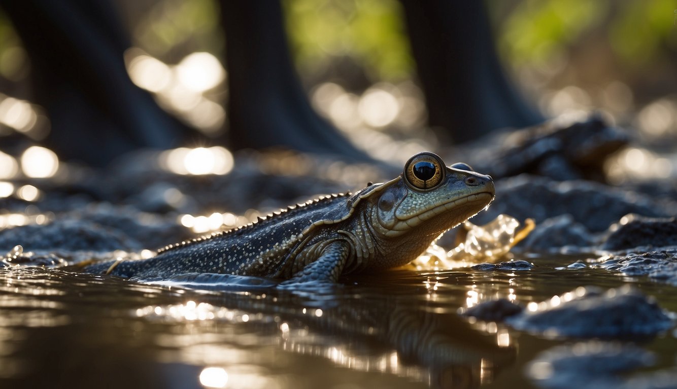 Mudskippers leap from the muddy shore, their fins propelling them forward.

The sun reflects off their iridescent scales as they navigate the treacherous terrain, demonstrating their unique ability to walk on land