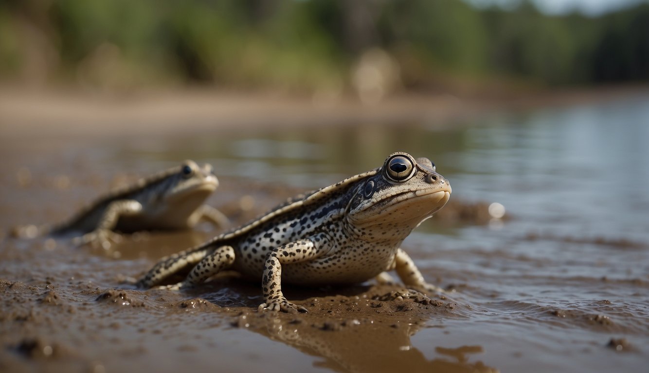 Mudskippers leap from the water onto the muddy shore, using their strong fins to propel themselves forward.

They navigate the terrain with ease, showcasing their ability to walk on land