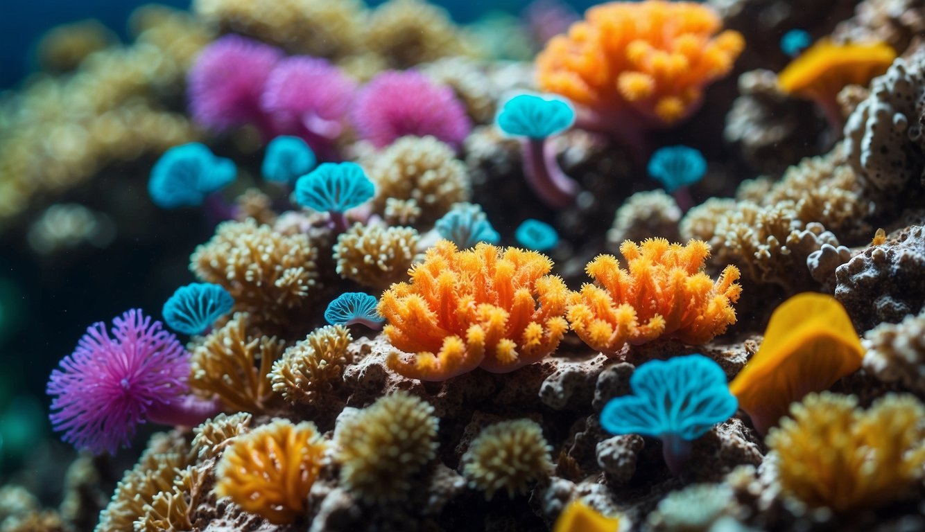 A colorful coral reef teeming with sea squirts of various shapes and sizes, resembling vibrant water guns, nestled among the vibrant marine life