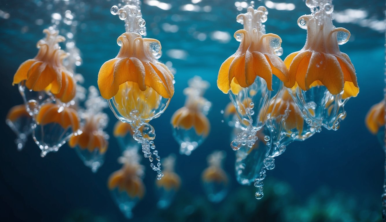 Sea squirts shoot water from their siphons, creating a colorful spray in the ocean