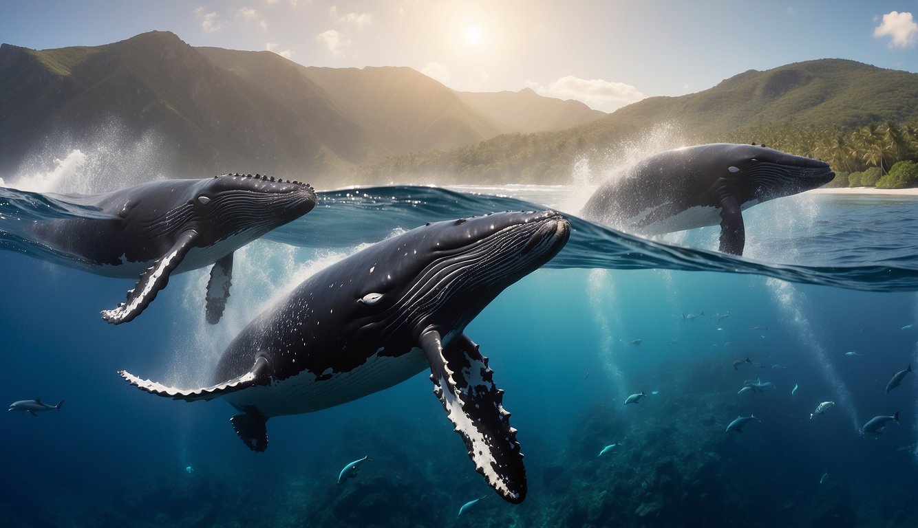 A pod of humpback whales breach and sing in harmony, surrounded by sparkling ocean waves and a vibrant coral reef below