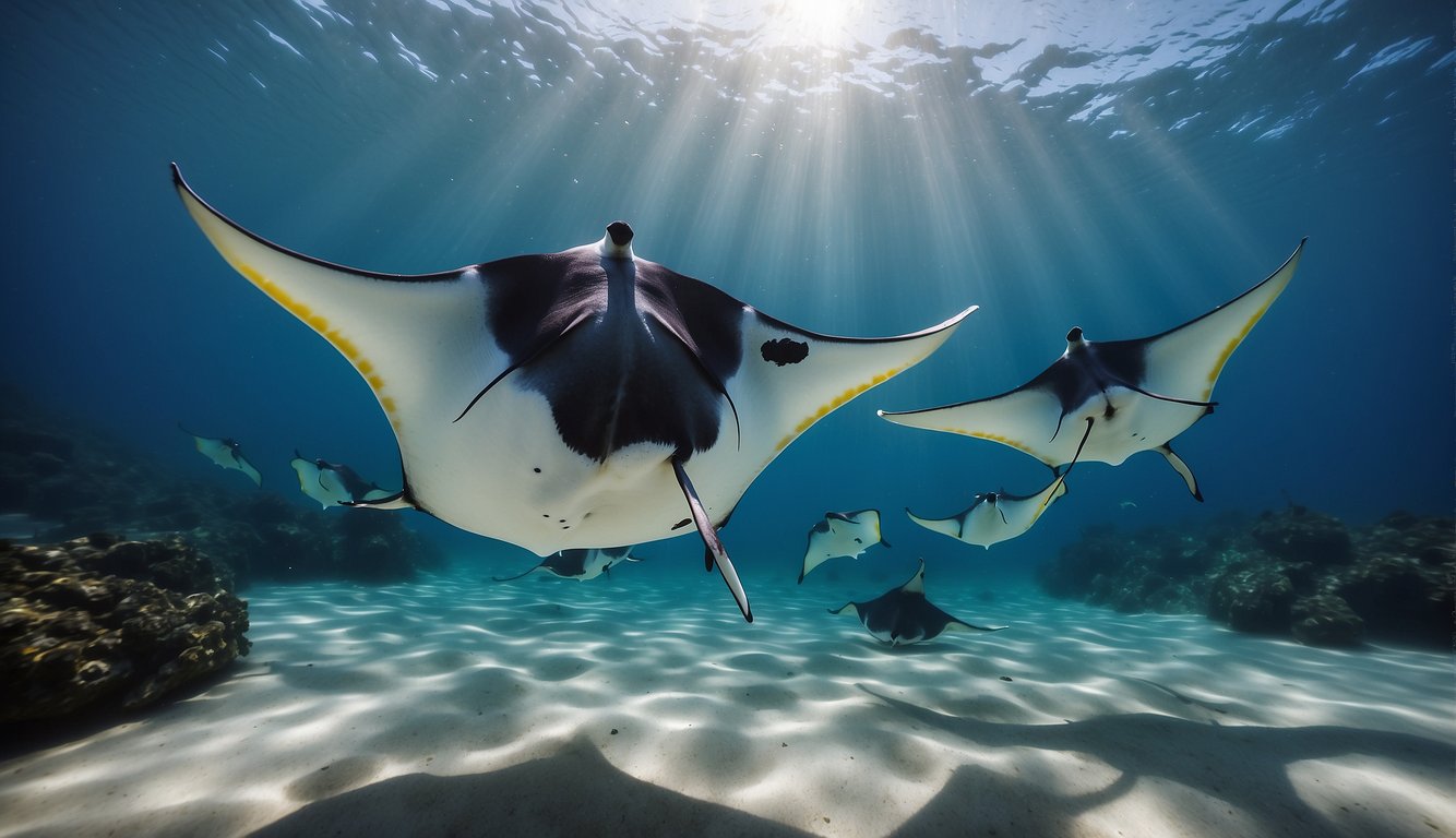 Manta rays glide through crystal waters, their wings undulating with elegant grace, as they dance in harmony with the ocean's currents