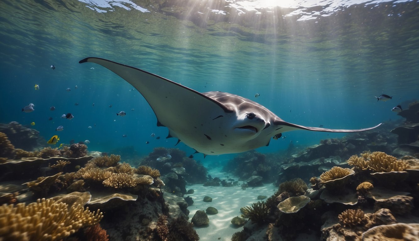 Manta rays glide through crystal-clear waters, gracefully flapping their wings.

Surrounding them, colorful fish dart in and out of coral reefs