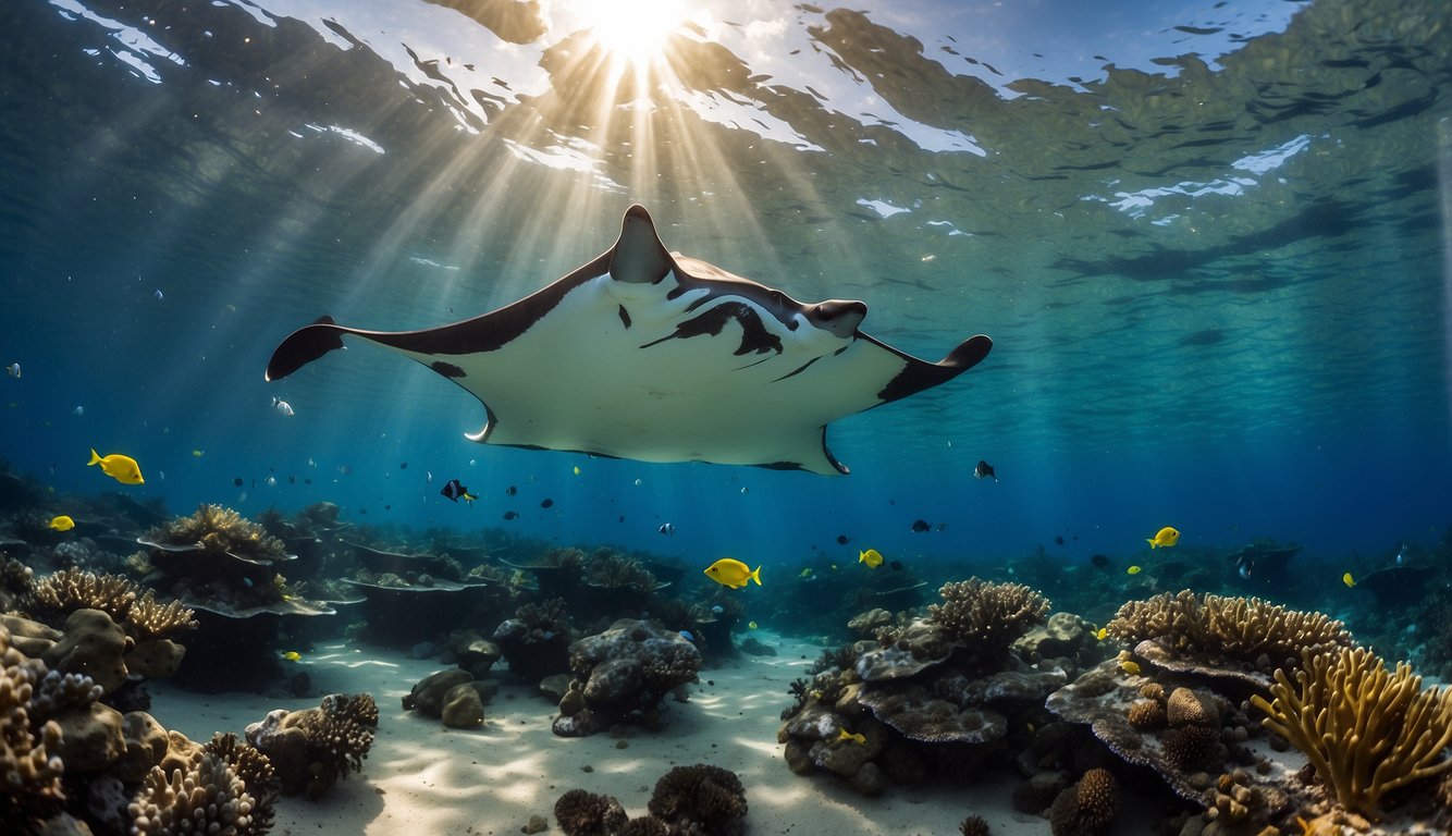 Manta rays gracefully glide through crystal-clear waters, surrounded by vibrant coral reefs and schools of colorful fish.

Sunlight filters through the water, casting a mesmerizing glow on the ocean floor