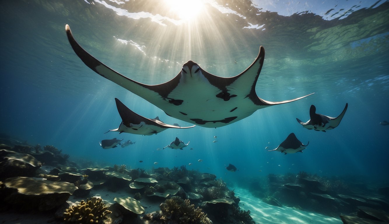 Manta rays glide through crystal waters, their graceful movements resembling a ballet.

Sunlight filters through the ocean, casting an ethereal glow on their elegant forms