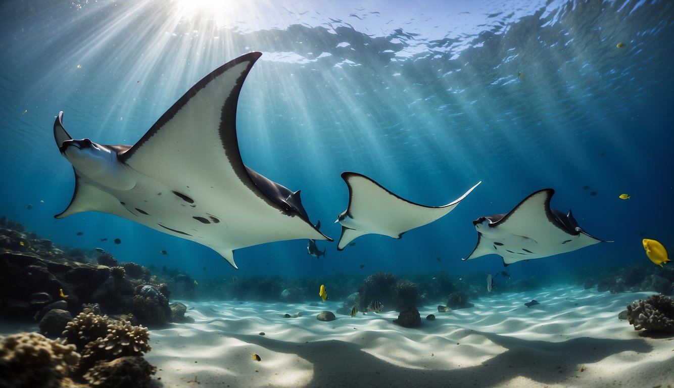 Manta rays gracefully glide through the crystal-clear ocean waters, their wings undulating like a synchronized dance, surrounded by a school of shimmering fish