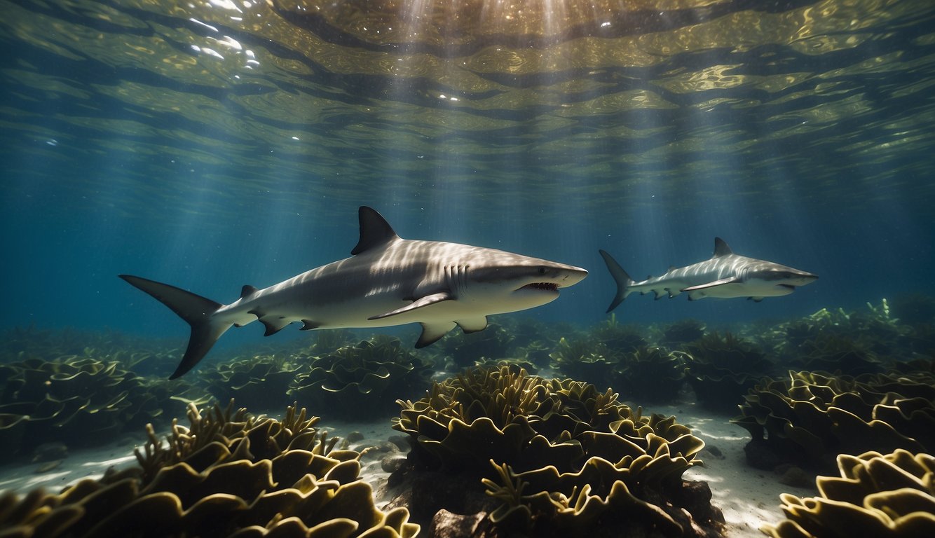 A school of juvenile sharks swims among mangrove roots, seeking shelter and food in the calm, shallow waters of the nursery.

Rays of sunlight filter through the surface, illuminating the bustling ecosystem
