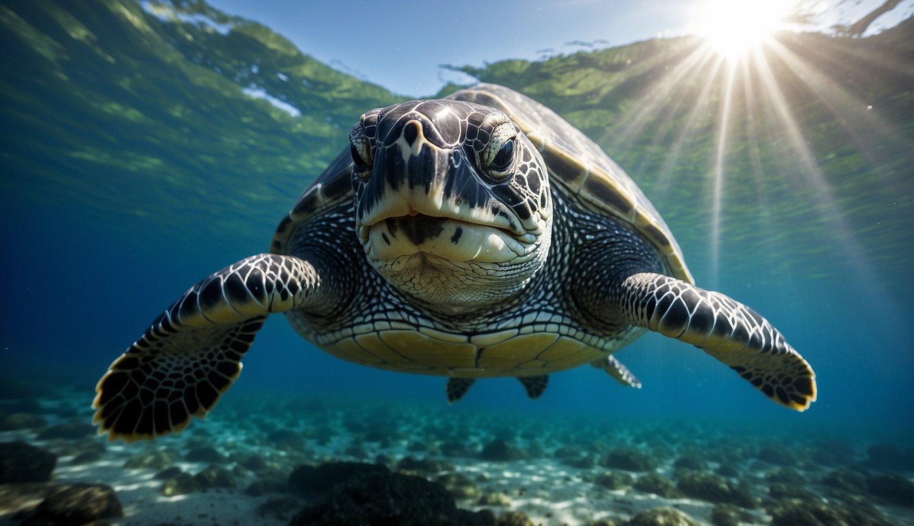 A leatherback turtle swims gracefully through the deep blue ocean, its large, ridged shell glinting in the sunlight as it journeys across the vast expanse of water