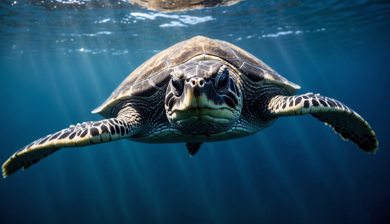 A leatherback turtle swims gracefully through the deep blue ocean, its large, leathery shell glistening in the sunlight as it embarks on a long journey across the vast expanse of water