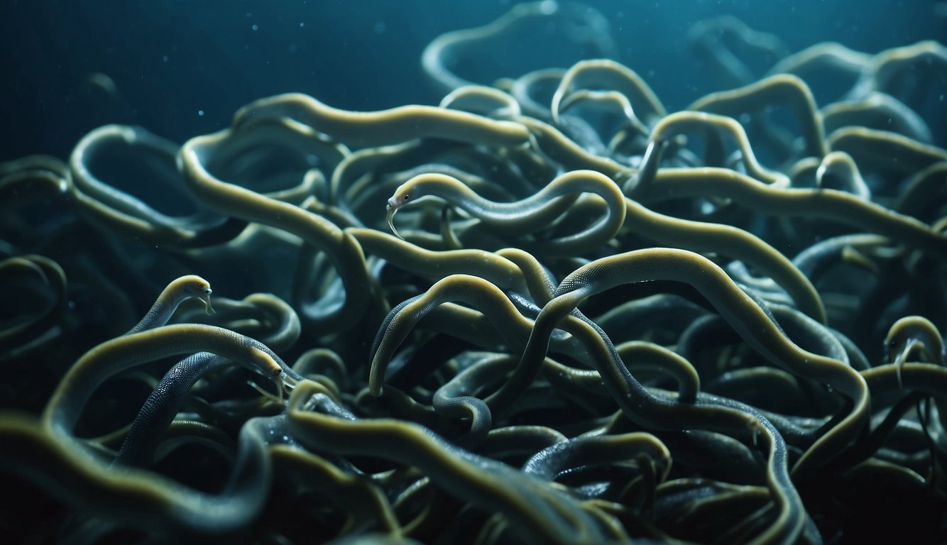 A swirling mass of eels moves in unison through the dark depths of the ocean, their sleek bodies shimmering in the dappled light
