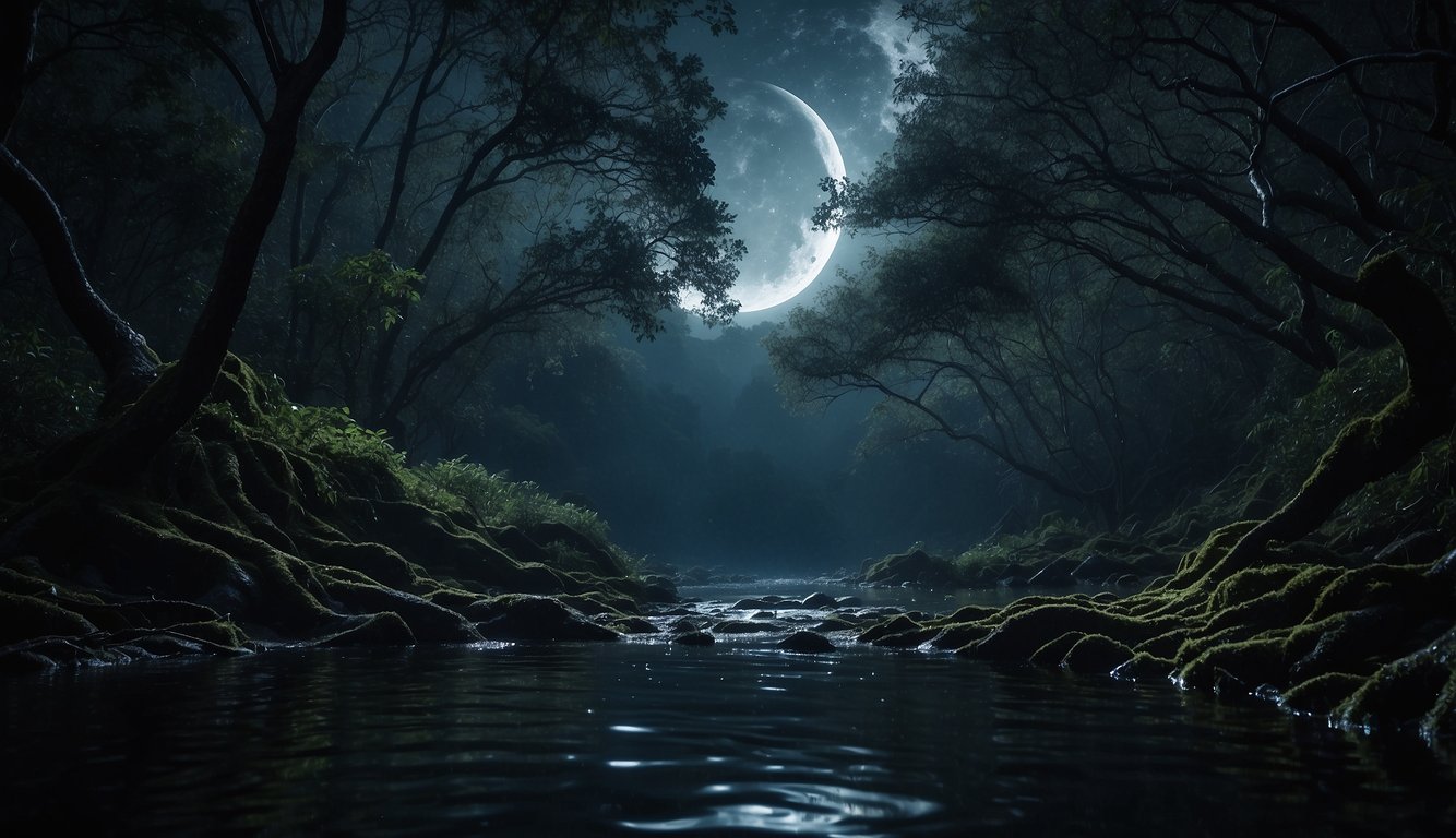 A dark river flows through a dense forest, as a shimmering mass of eels slithers through the water, their mysterious migration unfolding under the moonlit sky
