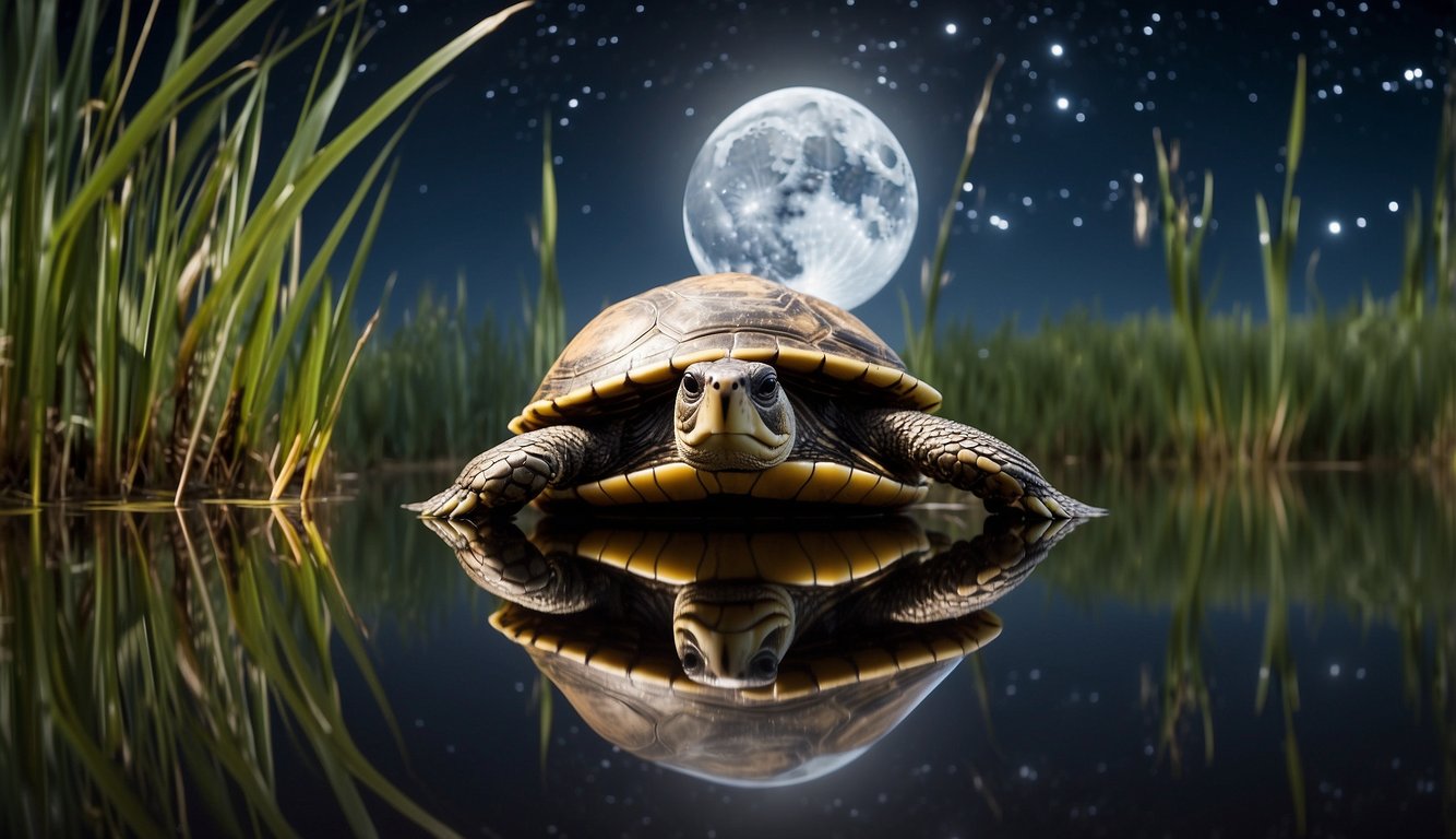 A serene moonlit night with a calm, reflective turtle slowly making its way across a glistening, tranquil pond, surrounded by tall, swaying reeds and a clear, starry sky overhead
