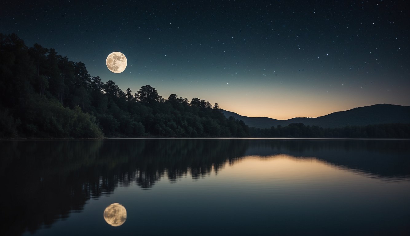 A serene moonlit night over a calm lake, with a lone turtle slowly gliding through the water, its shell reflecting the shimmering light of the moon