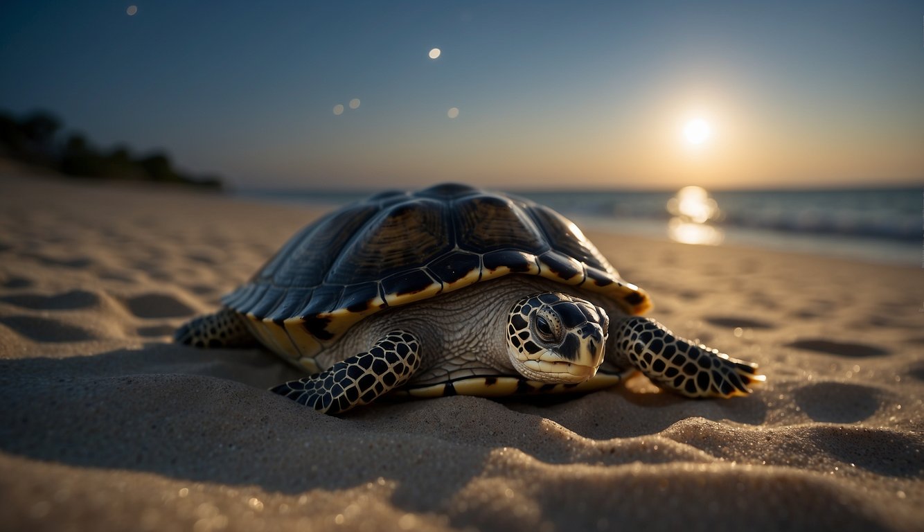 A turtle slowly crawls along a moonlit beach, its shell glistening in the soft light.

The waves gently crash against the shore, creating a peaceful and serene atmosphere