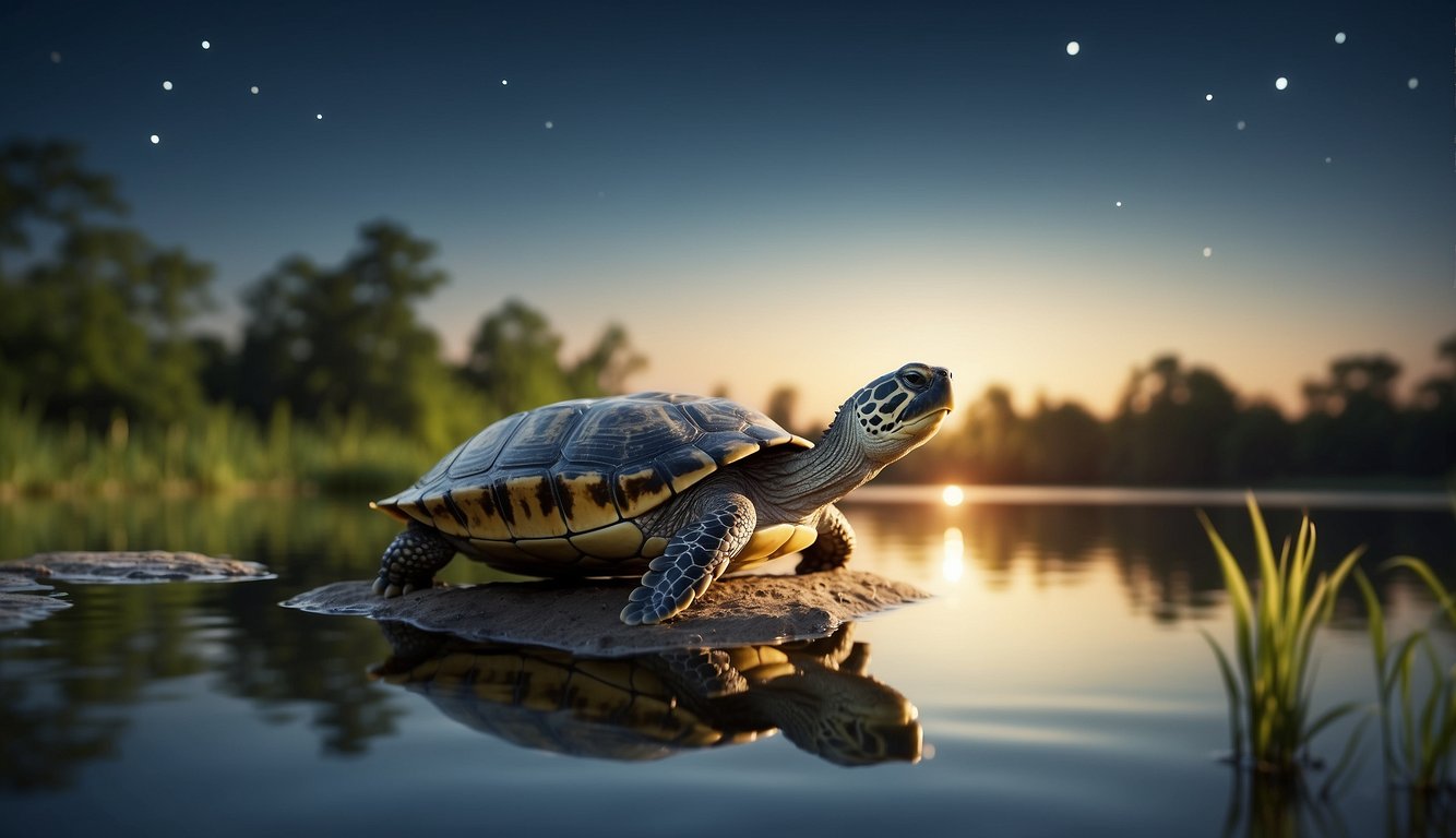 A serene turtle gazes up at the full moon, its soft light casting a gentle glow on the calm waters of the pond