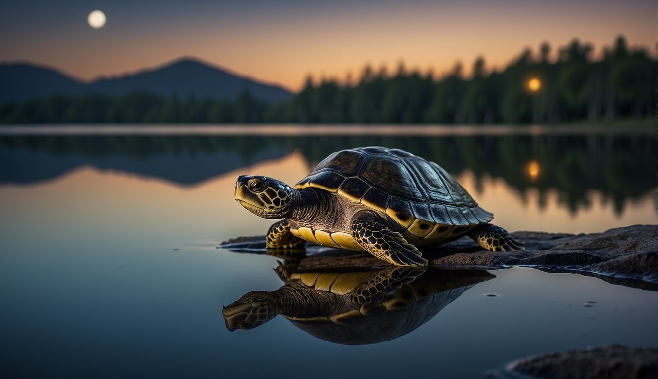 A moonlit turtle travels across a shimmering lake, guided by the glow of the full moon and surrounded by the tranquil beauty of the nighttime landscape