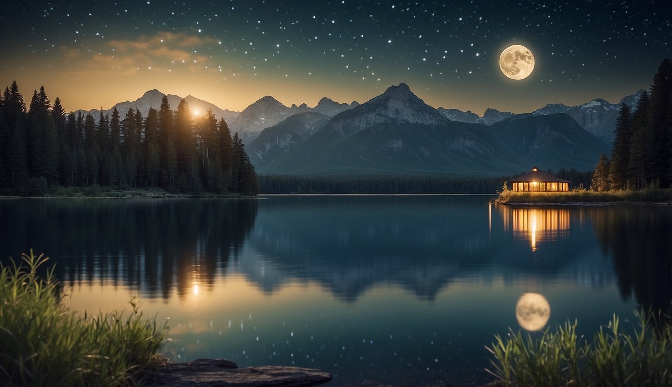 A serene moonlit night over a calm lake, with a turtle gazing up at the full moon, surrounded by twinkling stars and a peaceful, still atmosphere