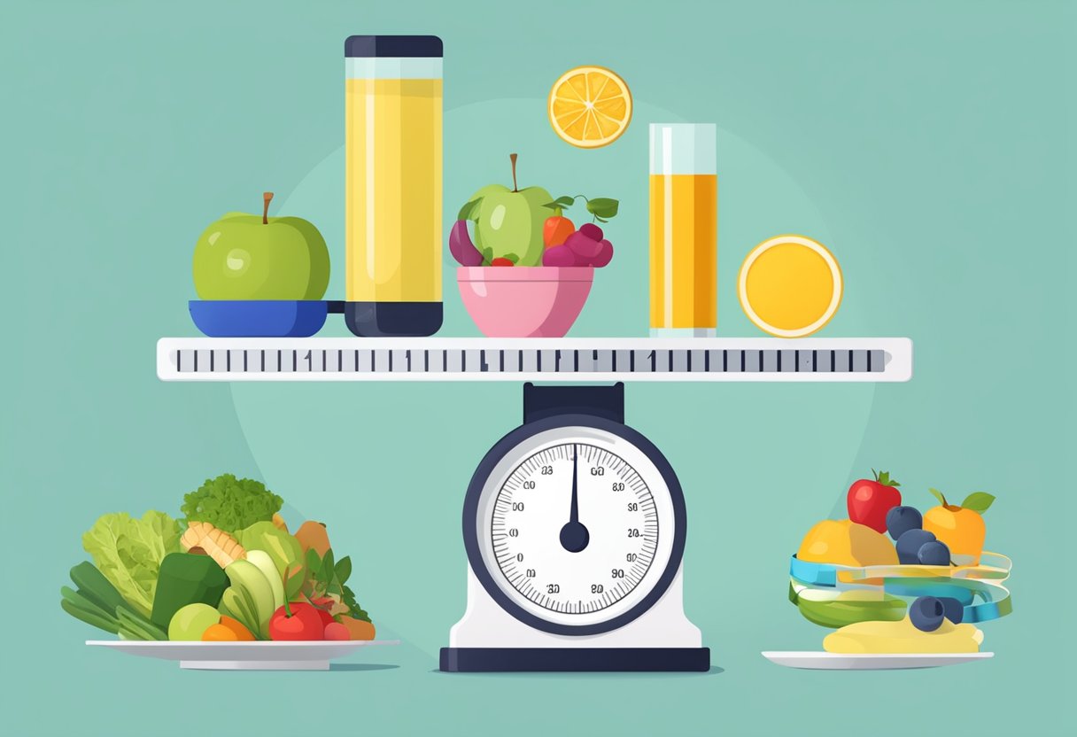 A scale showing decreasing numbers, a tape measure getting shorter, and healthy foods replacing unhealthy ones
