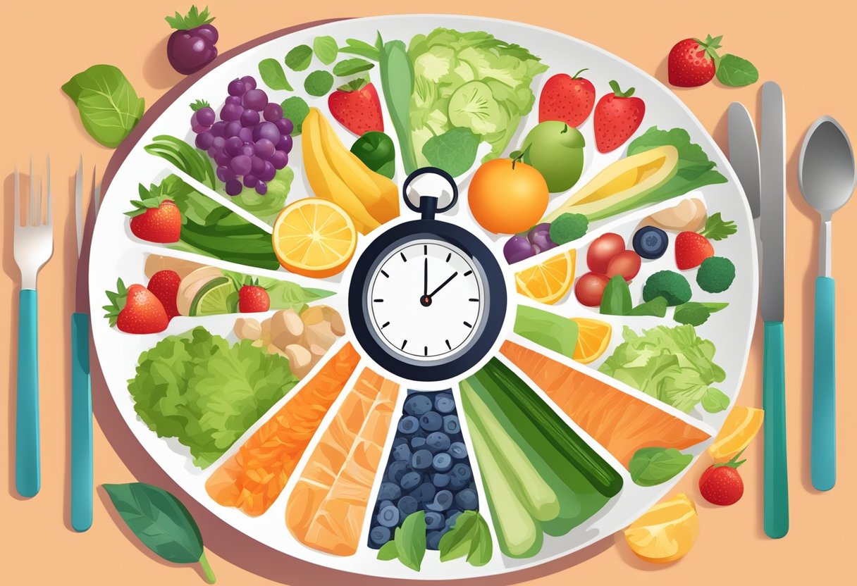 A colorful plate with various fruits, vegetables, and lean proteins, surrounded by icons of vitamins and minerals, with a stopwatch indicating a week's time
