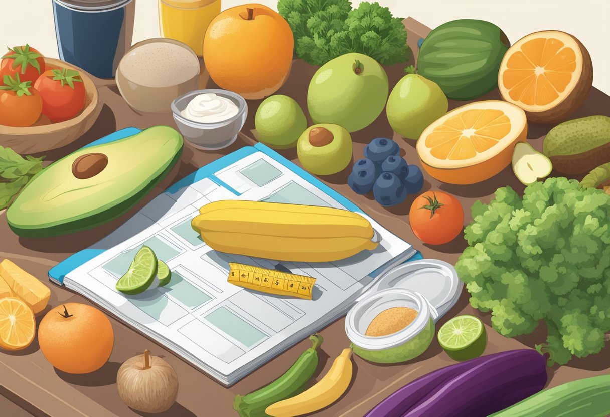 Various healthy foods arranged on a table, including fruits, vegetables, and lean proteins. A measuring tape and scale nearby. Textbooks and workout gear in the background