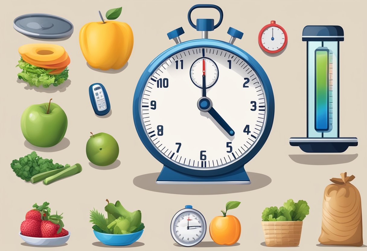 A scale displaying decreasing numbers, a stopwatch ticking, healthy food options, and exercise equipment