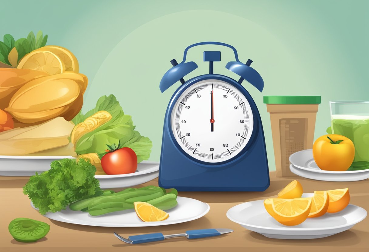 A scale displaying decreasing numbers, a stopwatch, and a pile of healthy food next to an empty plate