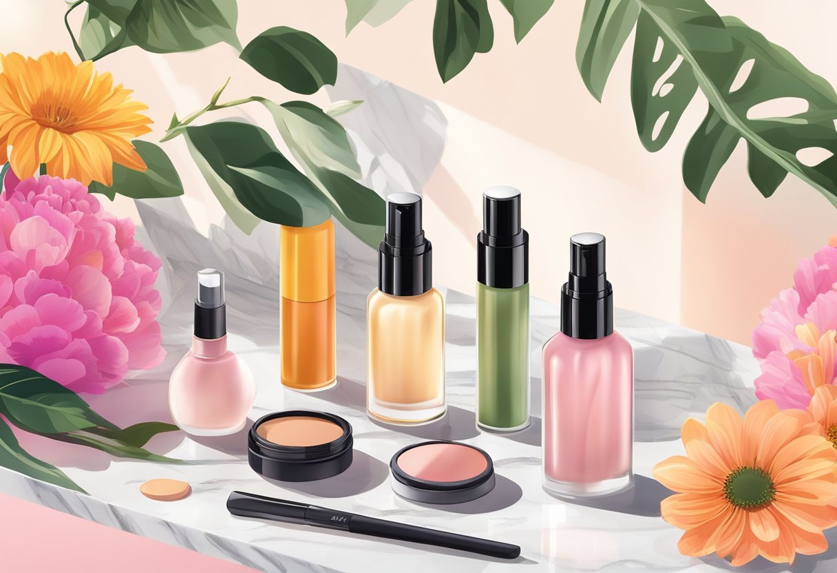 Vibrant makeup products laid out on a marble countertop, surrounded by fresh flowers and a bottle of setting spray. Sunlight streaming in through a window, casting a warm glow on the scene