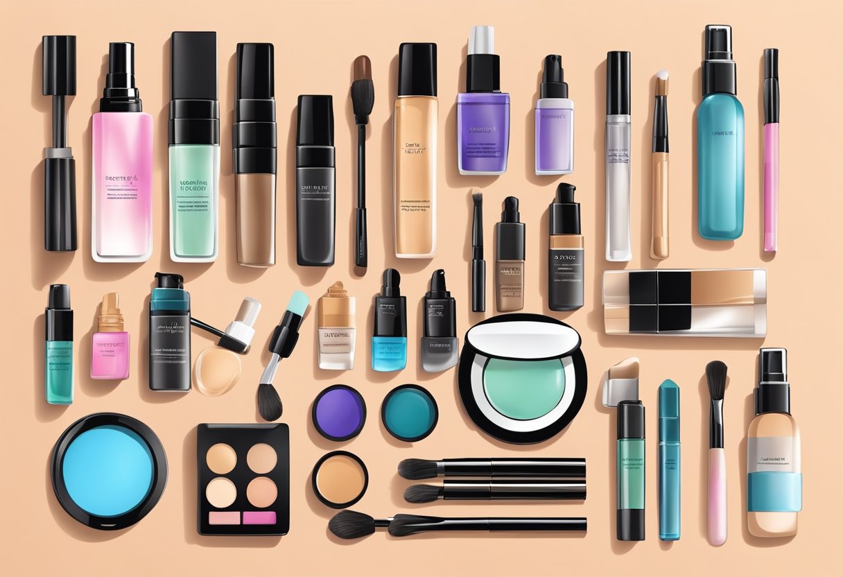 A makeup artist's table with various products and tools laid out, including waterproof foundation, setting spray, and sweat-proof makeup items