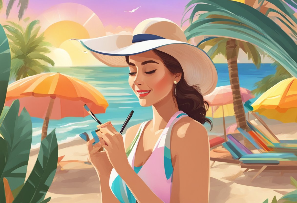 A sunny beach setting with a woman applying sweat-proof makeup, surrounded by palm trees and colorful umbrellas