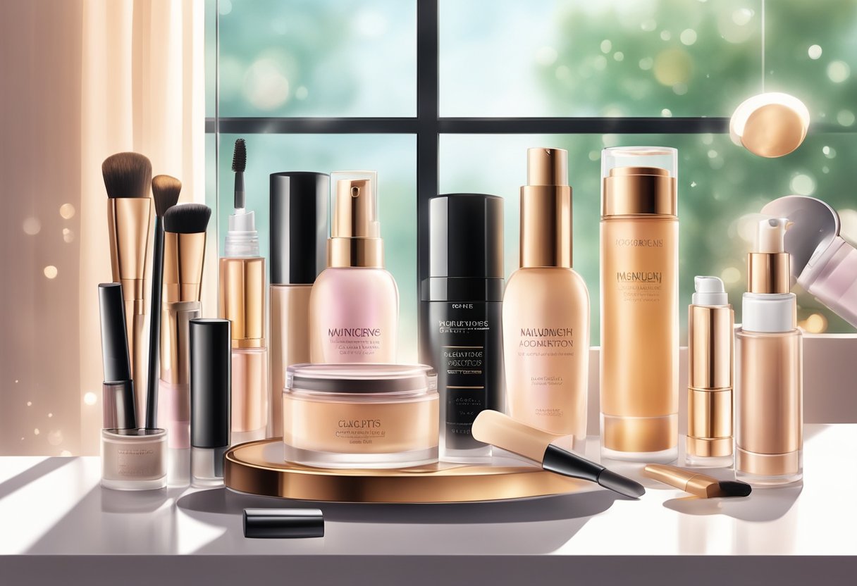 A table scattered with makeup products, including waterproof foundation and setting spray. Sunlight streaming through a window, casting a warm glow on the items