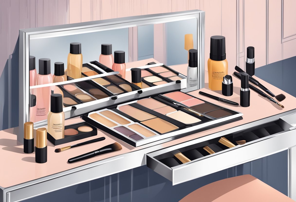 A makeup table with sweat-proof products, brushes, and a mirror