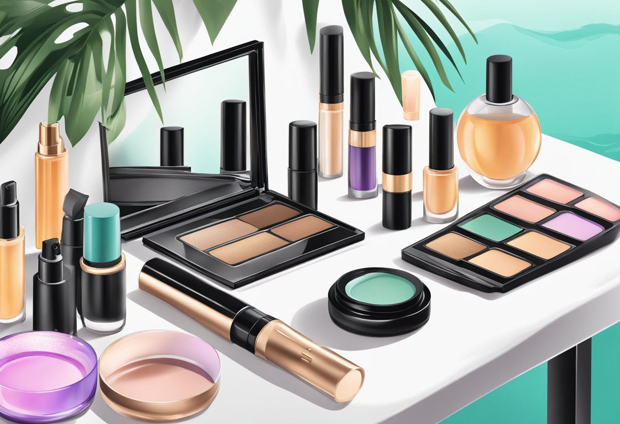 A makeup table with various products laid out, including foundation, setting spray, and waterproof mascara. A fan blowing in the background to simulate the summer heat