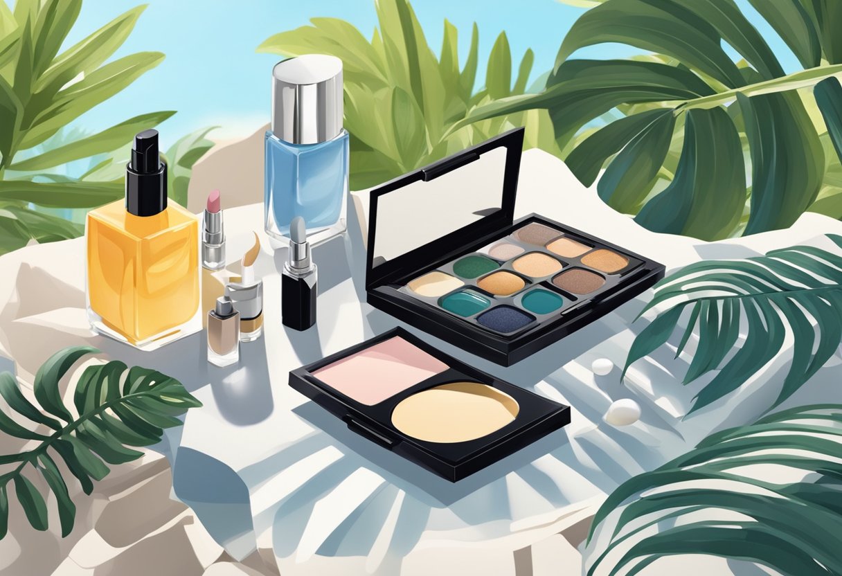 A sunny outdoor setting with a woman's makeup products laid out on a table, surrounded by greenery and a clear blue sky