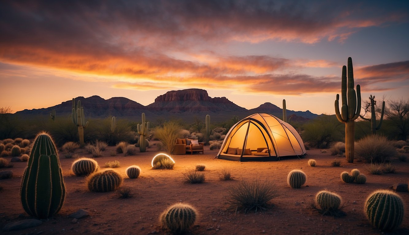 A luxurious tent nestled in the Arizona desert, surrounded by cacti and mesas under a vibrant sunset sky