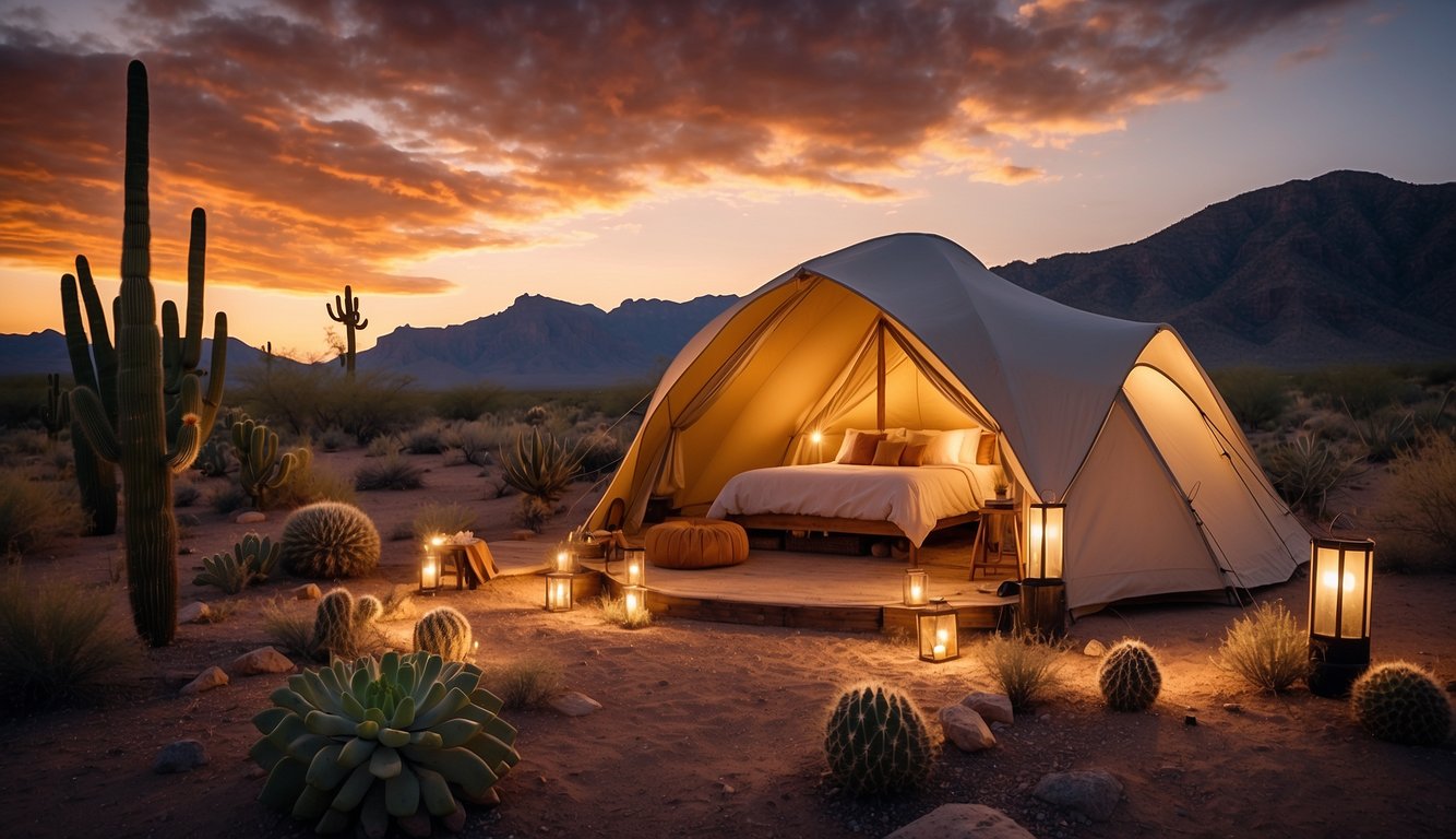 A luxurious glamping tent nestled in the Arizona desert, surrounded by cacti and majestic mountains under a vibrant sunset sky