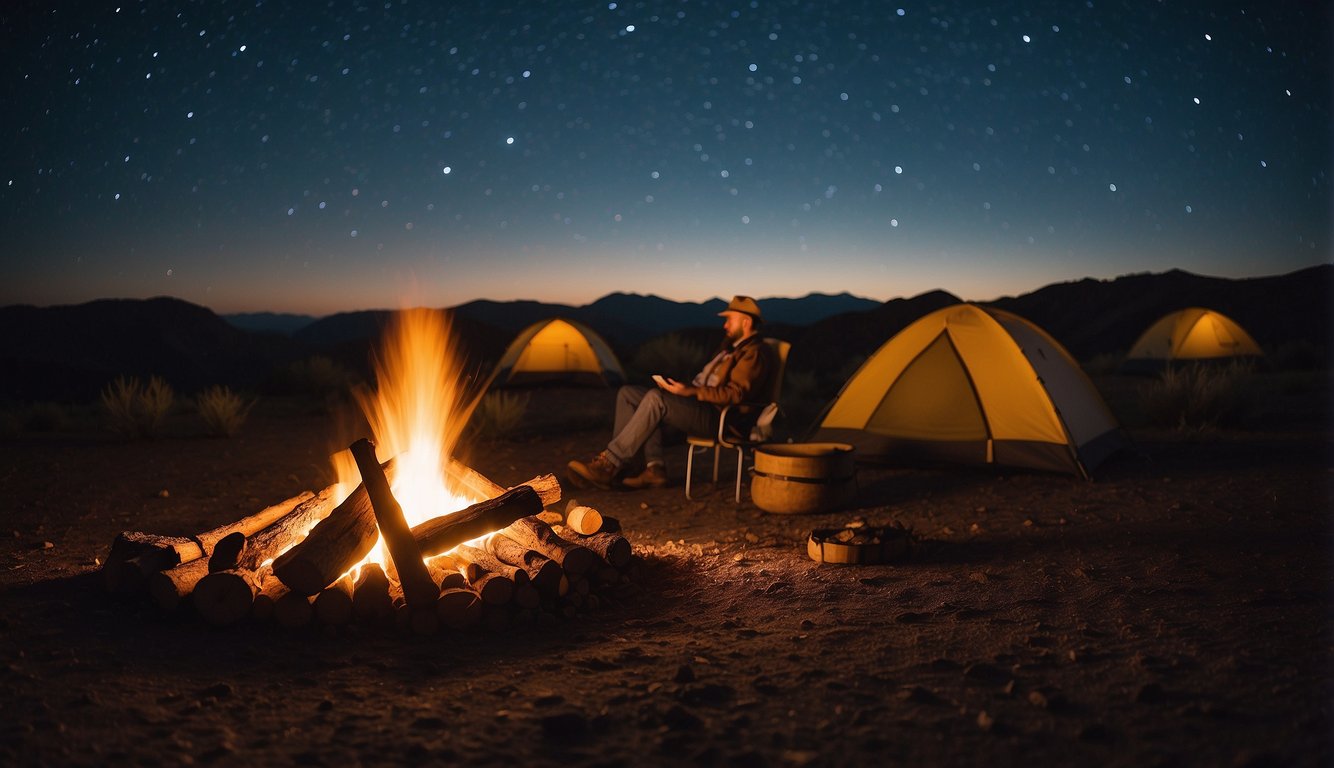 A campfire crackles under the starry Arizona sky, surrounded by luxurious tents and outdoor activities like hiking and horseback riding