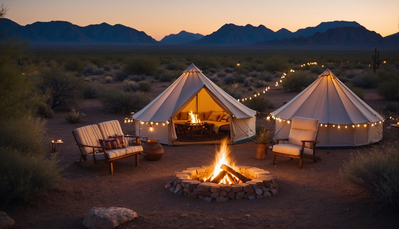 A cozy glamping site in Arizona, with luxurious tents, a crackling campfire, and a backdrop of the stunning desert landscape