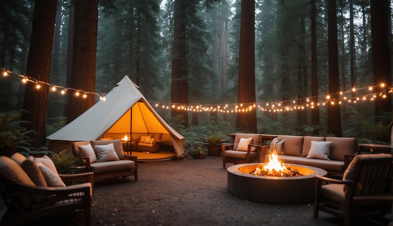 A luxurious tent nestled in a redwood forest, with a cozy fire pit, string lights, and a comfortable outdoor seating area