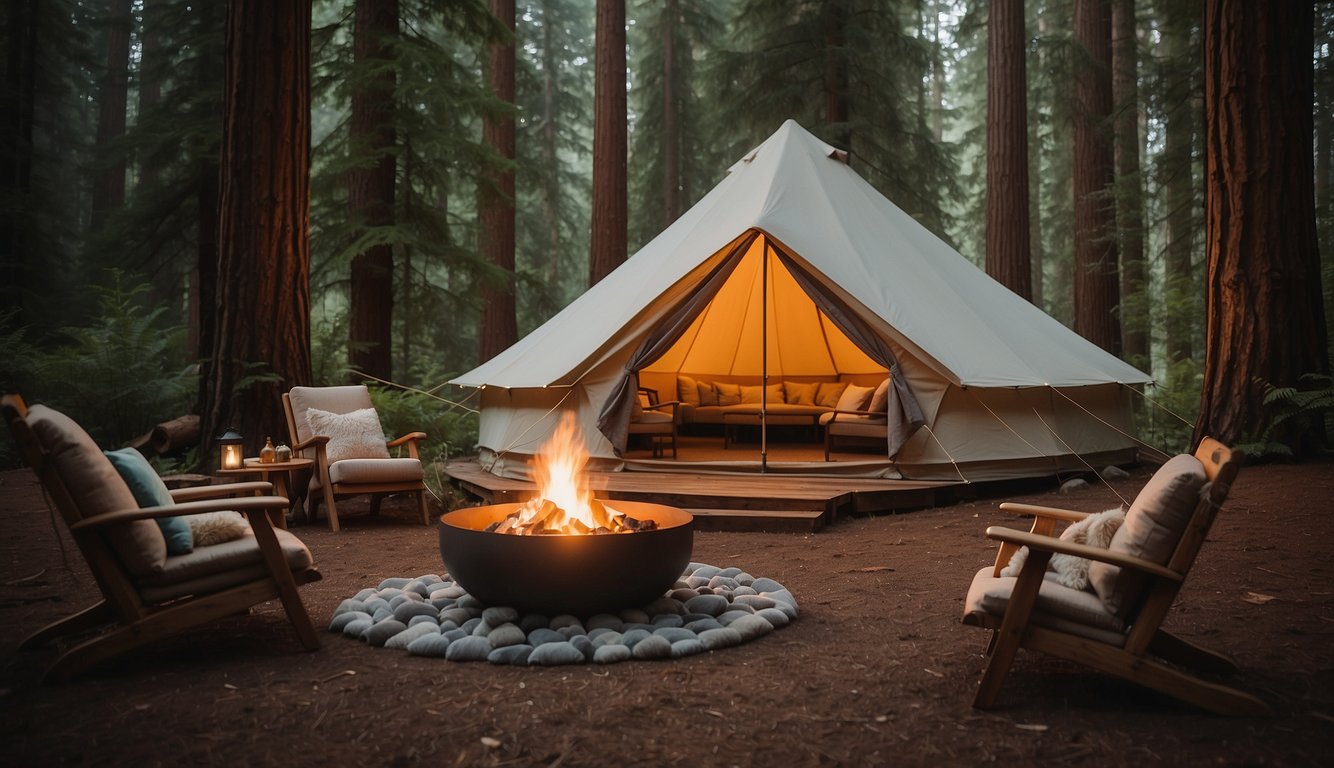 A cozy glamping tent nestled in the redwood forest, with a crackling fire pit, plush seating, and a luxurious bed with soft bedding