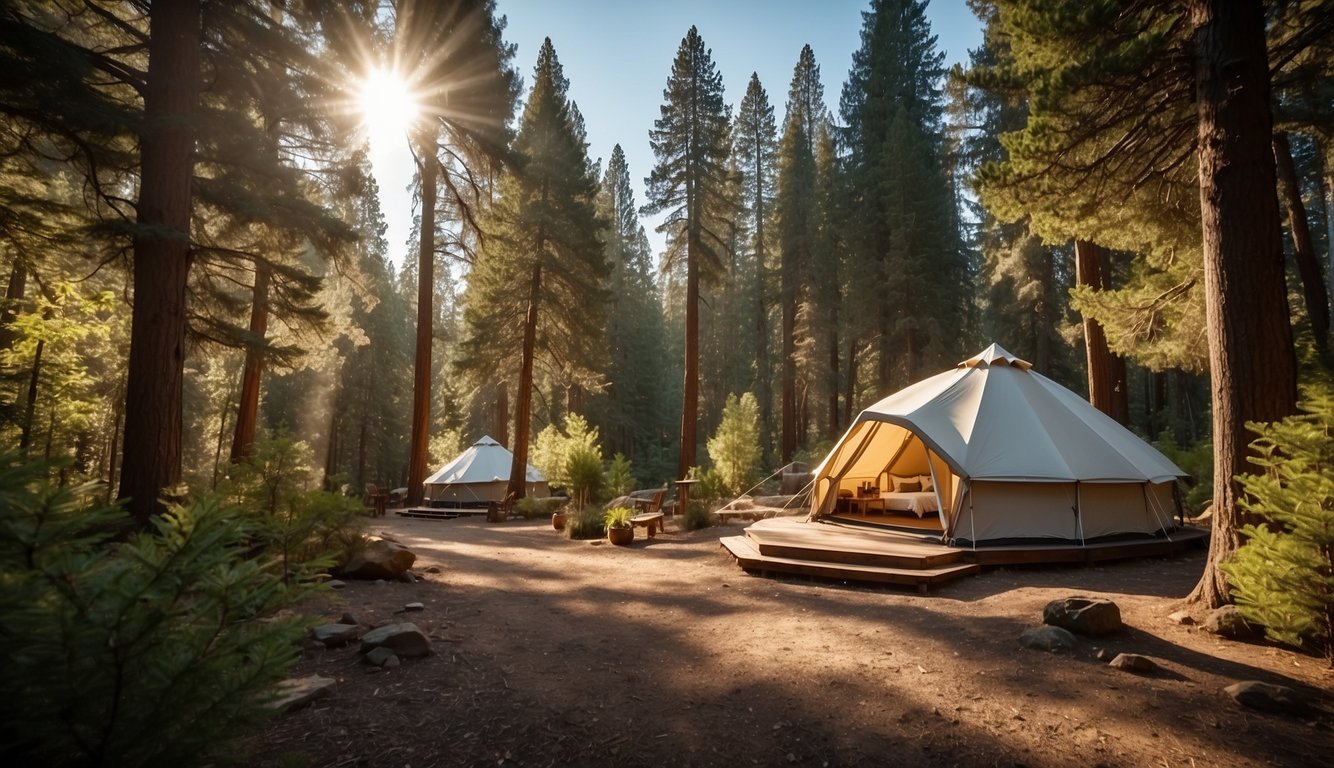 A solar-powered glamping site nestled in the lush forests of Northern California. Tents made from recycled materials blend seamlessly with the natural surroundings