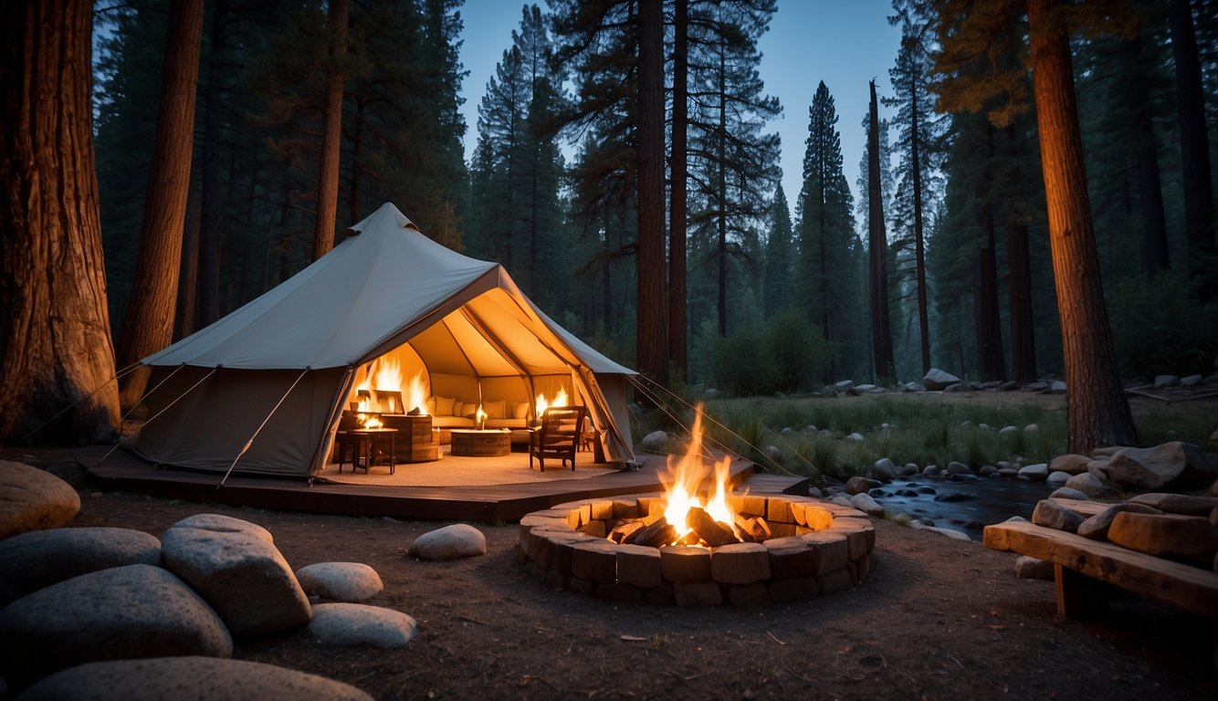 A luxurious tent nestled in the serene wilderness of Yosemite, surrounded by towering trees and a bubbling stream. A cozy fire pit and comfortable seating invite relaxation under the starry night sky