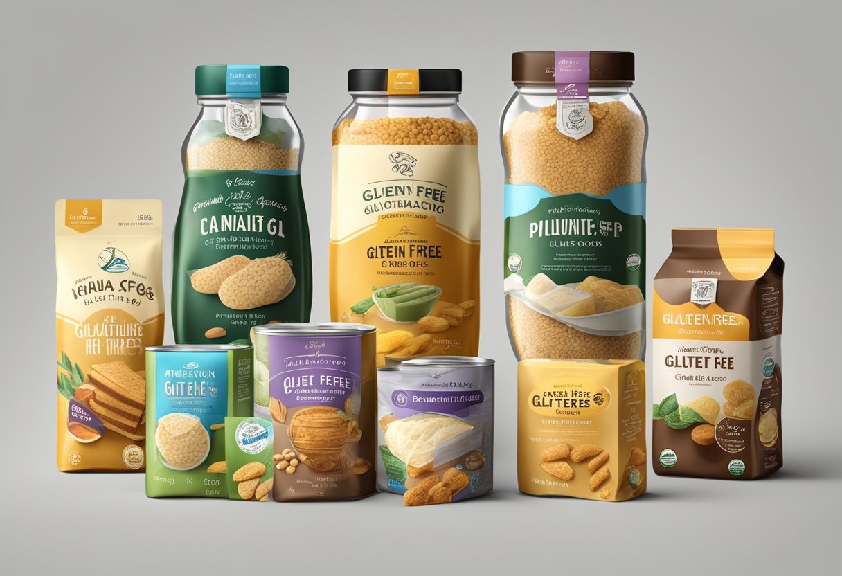 A variety of gluten-free packaged foods displayed with price tags. High-quality ingredients and attractive packaging are evident