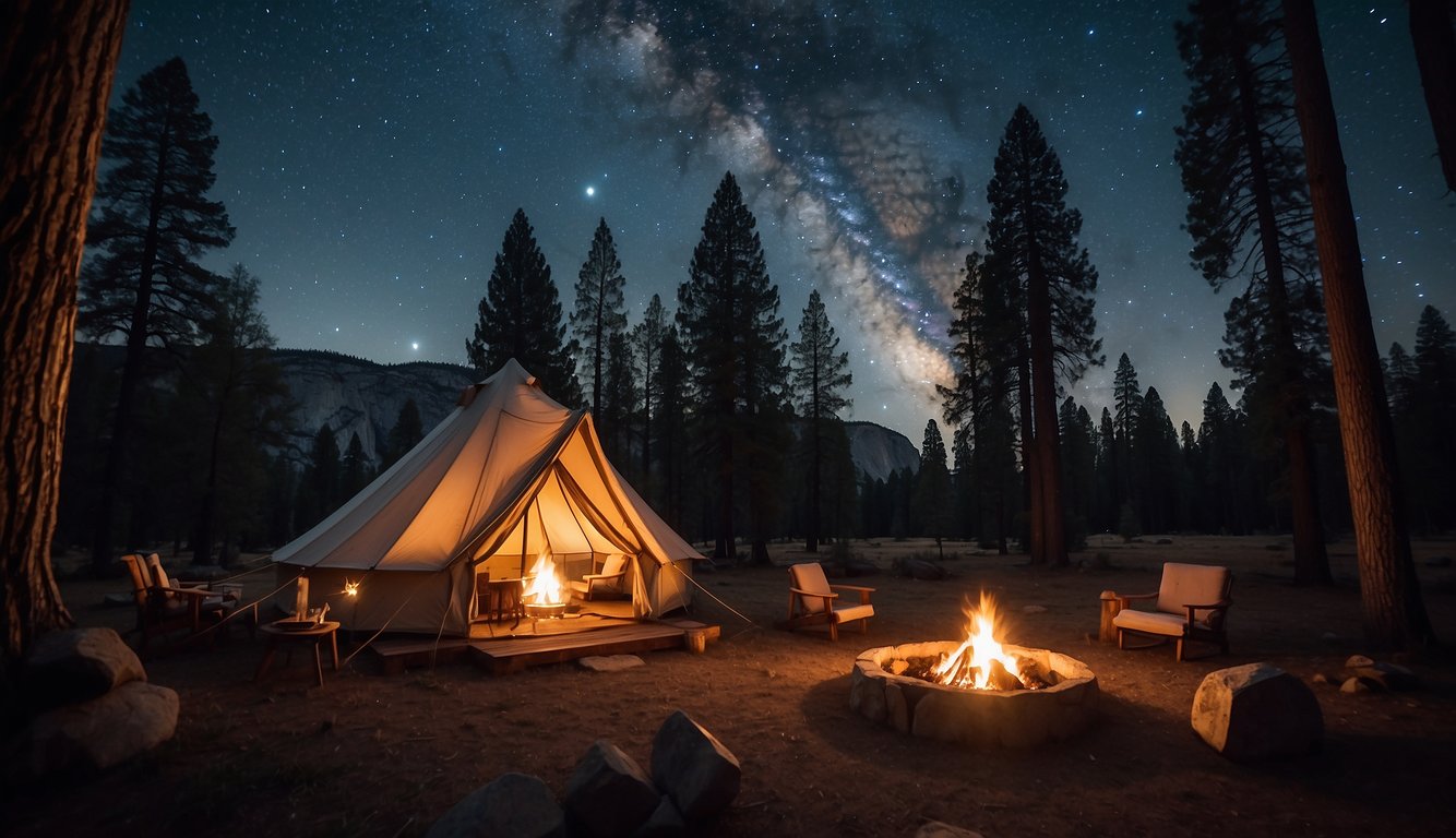 A cozy glamping tent nestled in the serene wilderness of Yosemite, with a crackling campfire and starry night sky above