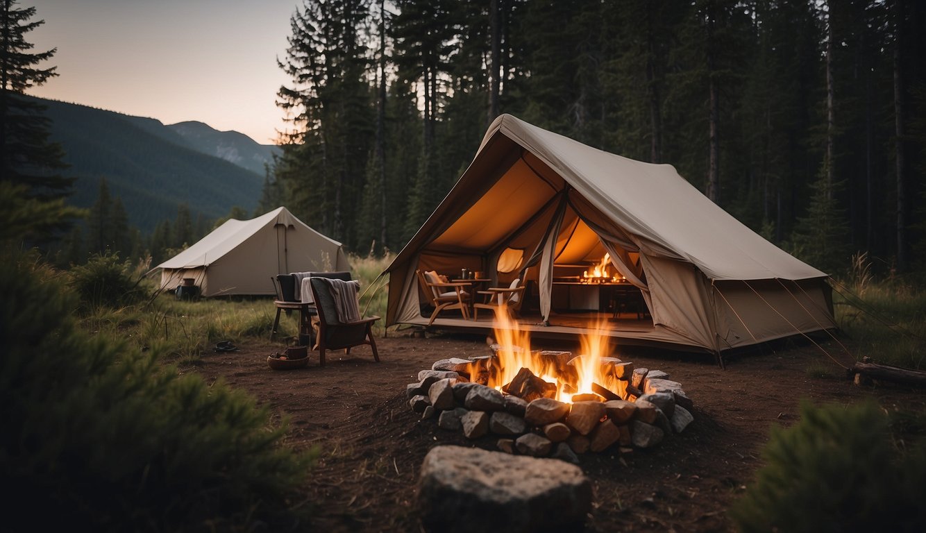A cozy tent nestled in the serene wilderness, with a crackling campfire and comfortable outdoor seating. Nearby, a luxurious outdoor shower and a well-stocked kitchenette for gourmet meals